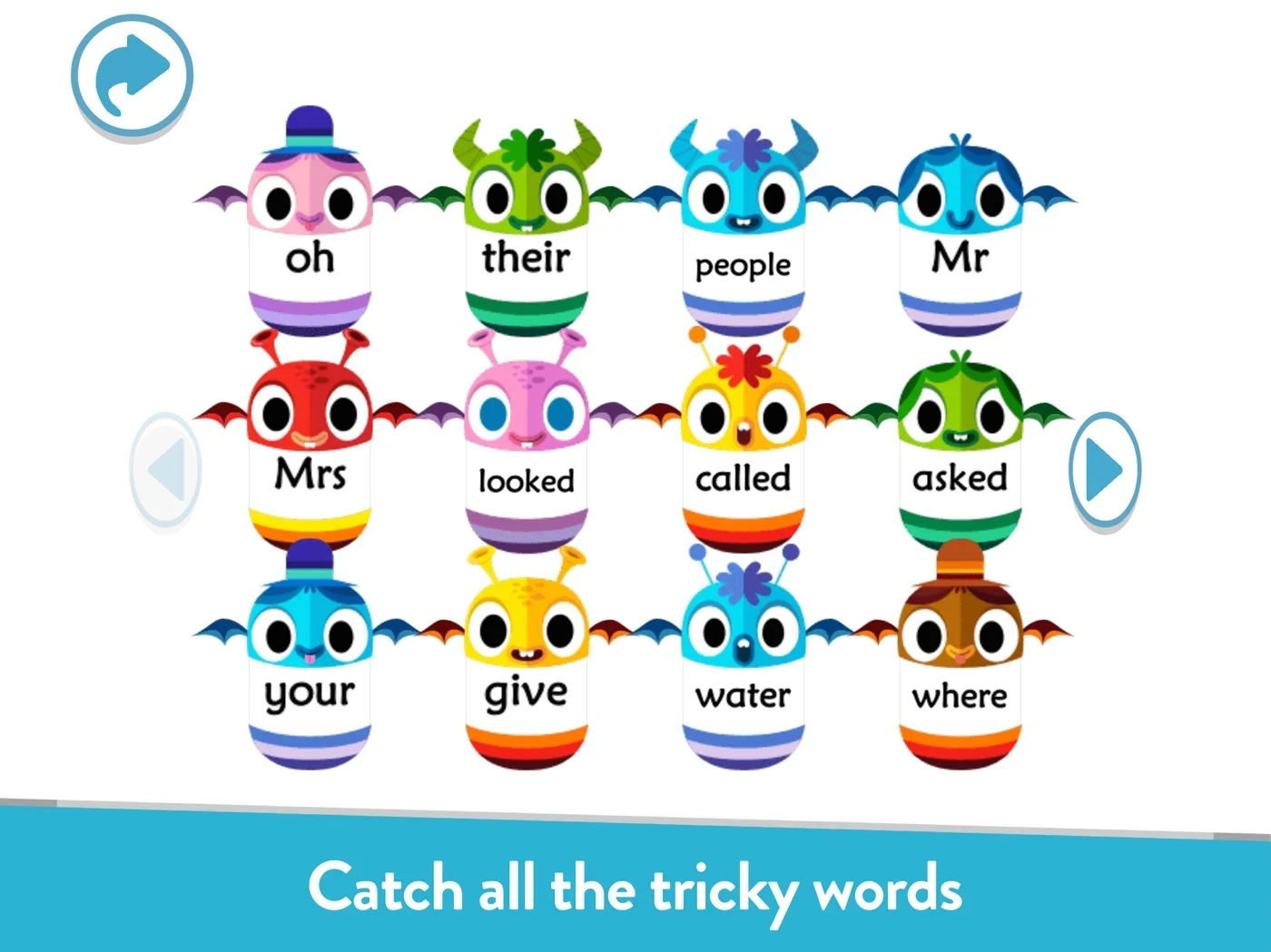 Teach Your Monster to Read, panel 4: Word-bearing characters illustrate tricky words.