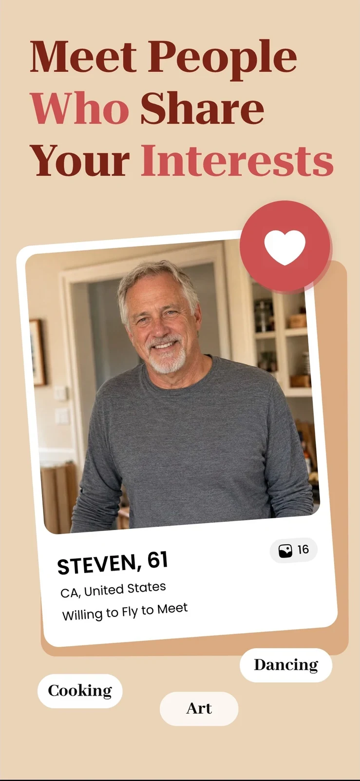 SeniorMatch® - Dating Over 50, panel 2: A profile highlights hobbies and interests.