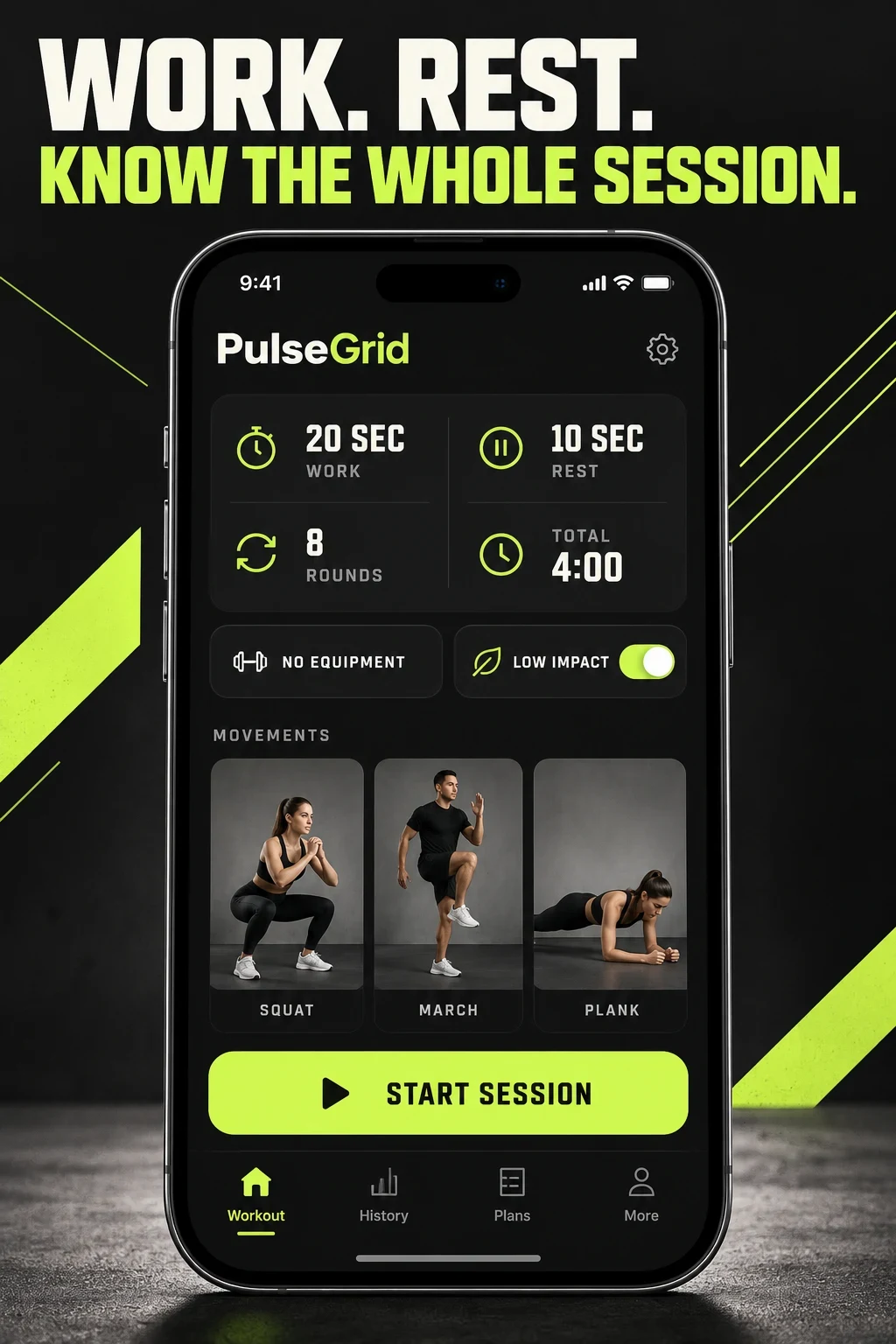 Fictional PulseGrid concept showing work, rest, rounds, total time, movements and a no-jump control