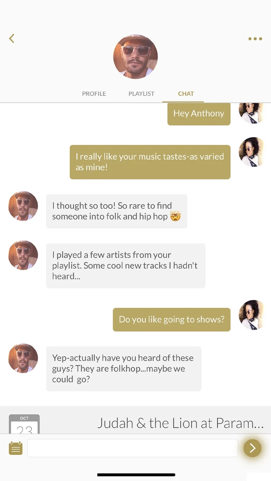 Vinylly Music Lovers Dating, panel 3: A staged chat discusses music and an event.