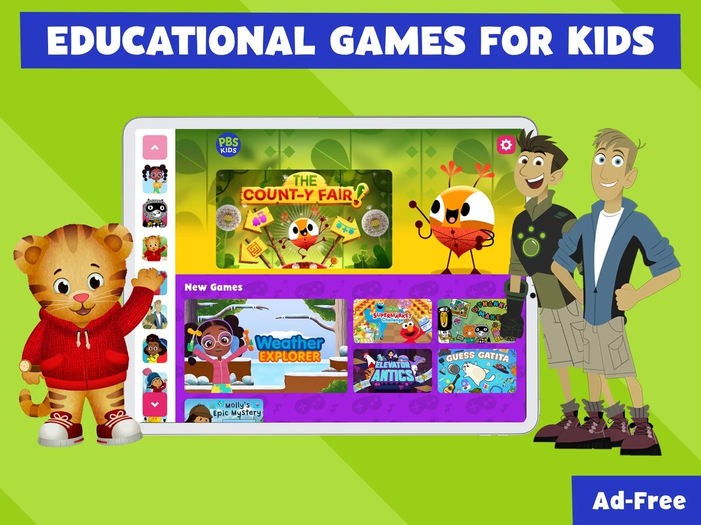 PBS KIDS Games, panel 1: A game library appears with a publisher ad-free claim.