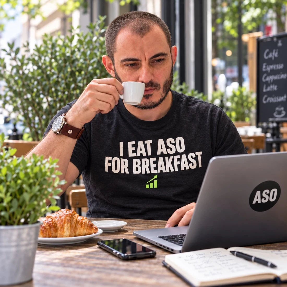 Gabriel Machuret holding coffee, wearing I eat ASO for breakfast T-shirt