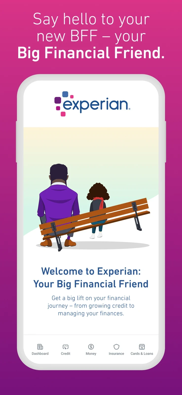 Experian, panel 1: A branded welcome screen uses a friendly financial-companion message.