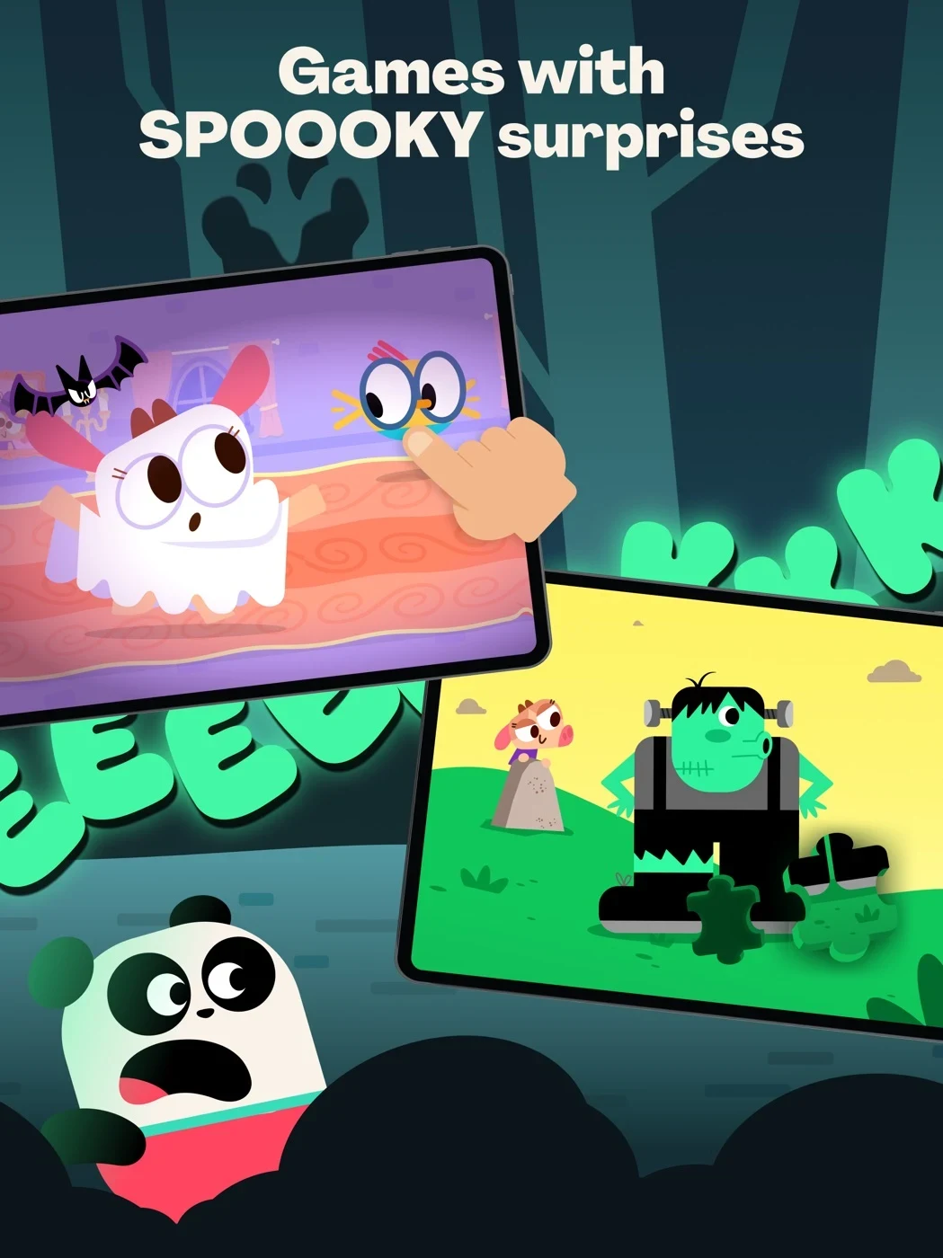 Lingokids: Games & Shows, panel 4: A collage shows spooky games.