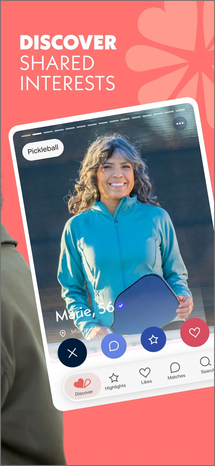 OurTime: Meet Singles Over 50, panel 2: An interest-led profile includes a pickleball example.